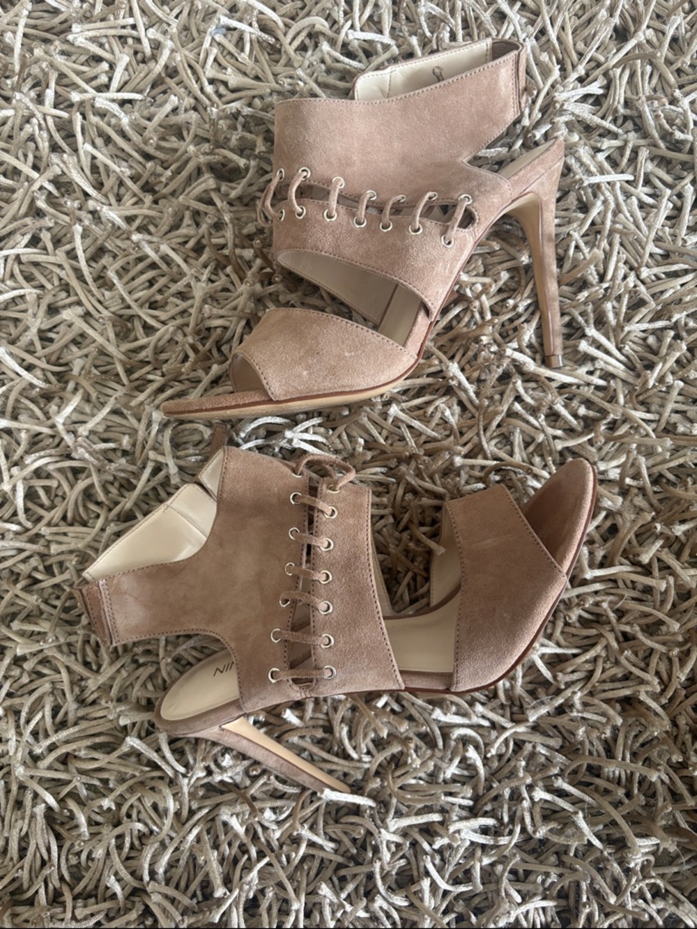 Nine West Taupe Suede Lace-Up Open-Toe Stiletto Heels Suede material
